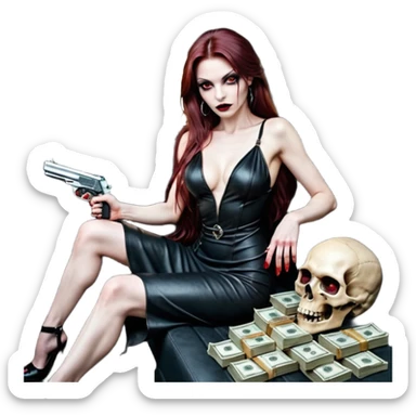 Lilith red eye seductress evil long brown haired sexy succubus woman with leather long dress with slit on, sitting in Big Large F350 pickup truck. Back seat full of stacks of cash, she is  Holding a human skull of her enemies and a gun in other hand sticker