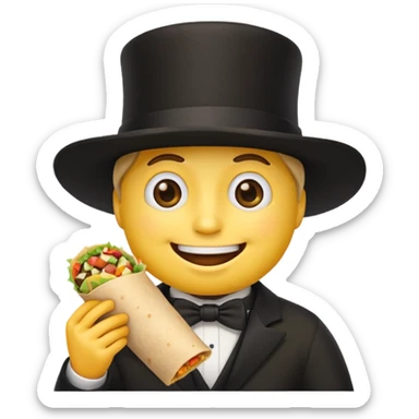 Generic classic yellow basic emoji face with a black top hat eating a burrito sticker