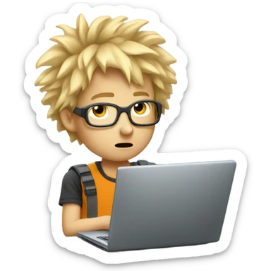 Nerdy  blonde boy gamer with crazy hair and a laptop sticker