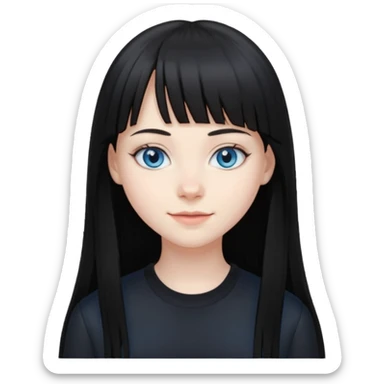 20 yr old woman long straight black hair, pale skin, blue eyes, black clothes, small smile, bangs sticker