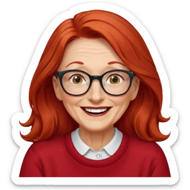 obese; older 50's ; long red hair ; women hazel eyes; glasses ; laughing sticker