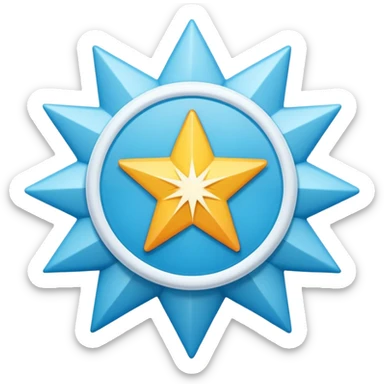 A high-resolution 2D icon of an Instagram-style verified badge. A vibrant light blue rounded-point starburst shape (rosette) with a clean, thick white checkmark in the center. Soft matte plastic texture. sticker