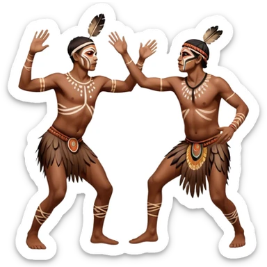 Cinematic Realistic scene of two indigenous male aboriginals performing an Aboriginal Corroboree, adorned in traditional body paint, captured in fluid motion with earthy tones and vibrant, cultural lighting sticker
