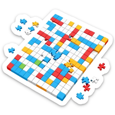 A photorealistic icon with a colorful, fragmented crossword magazine, a 3D puzzle, and a partially completed puzzle on a table. Bright, detailed design with realistic lighting. Transparent background, clearly symbolizing puzzles and brain games. sticker
