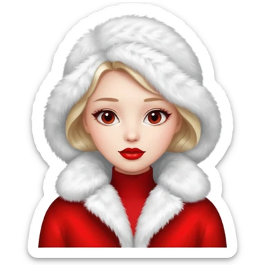 A beautiful, cute girl with red lipstick is posing for a photo in a white fur coat sticker