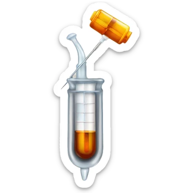 syringe and needle with amber liquid inside sticker