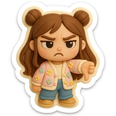 3D chibi fondant cake art style, high-quality rendering with smooth shadows and soft gradients. Girl based on reference image with preserved facial features and eye shape, long brown hair in two space buns, brown eyes, jeans, pastel floral cardigan, shoes, thick white outline like a sticker, transparent background. Thumbs down, disappointed expression. Ensure the face, hairstyle, eye shape, and shoes match the reference exactly. sticker