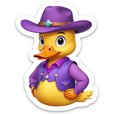 Yellow duck wearing Purple Vest and Purple Cowboy Hat sticker