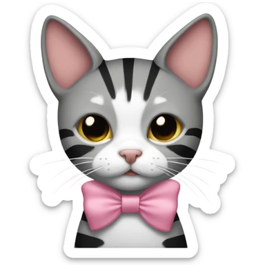 White, grey, black, and tan striped cat with pink bow sticker