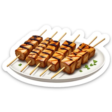 Cinematic Realistic Yakitori Dish Emoji, depicted as skewered, grilled chicken pieces with a charred finish rendered with crisp textures and appetizing, natural lighting. sticker
