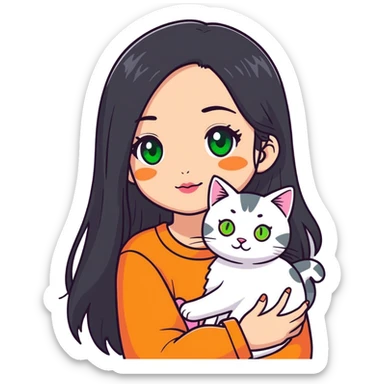 Girl with black lomg hair and brown eyes and makeup with pink pretty lips holding a cat with green eyes, with a face half grey and half orange and grey, white and orange spots sticker
