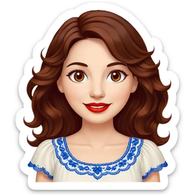 Artistic woman in her 40s with bright complexion, round face, big lively light brown eyes, wide friendly smile, vibrant red lips, voluminous wavy dark brown hair to shoulders, white summery dress with blue embroidery and electric blue neckline sticker
