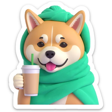 playful and friendly Akita Inu with a green towel on its head, sipping cold coffee sticker