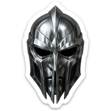 detailed metallic silver gladiator helmet mask with sharp angular lines, high forehead, deep eye cutouts without lenses, long vertical nose bridge splitting into two vertical bars extending past mouth, chrome-like shiny symmetrical intimidating sleek futuristic villain or antihero mask sticker