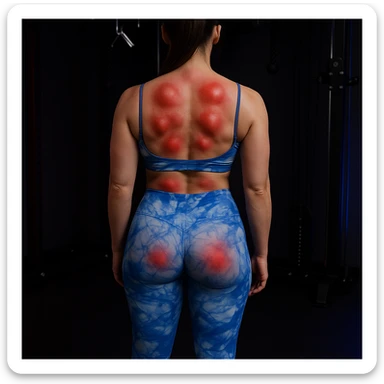 Hyperrealistic 4K image of a woman seen from the back in a gym environment, showing multiple muscle contractures as knots on both sides of her back, highlighted with red halos or swollen areas, detailed and realistic. sticker