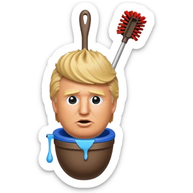 a donald trump shaped toilet brush with shit stains sticker
