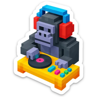 voxel style gorilla DJ with headphones and turntable, isometric view sticker
