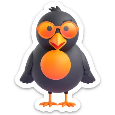 cartoonish 3D emoji of a black bird with a large orange beak and oversized round sunglasses, standing in the same pose as the reference image sticker