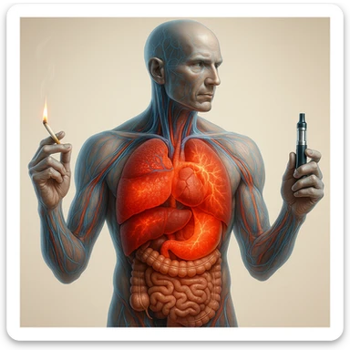 Medical illustration, hyperrealistic 4K, realistic anatomical human body, inflamed liver and intestine highlighted, holding a lit normal cigarette in the right hand and an electronic cigarette in the left hand, clear background, extremely detailed, same lighting and style as the reference image. sticker