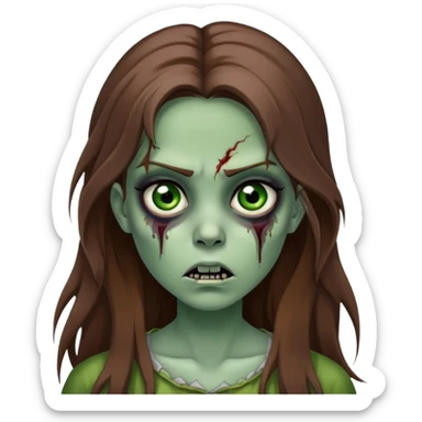 Girl zombie with long brown hair, green skin, black eyes with dark circles, and frightening expression sticker
