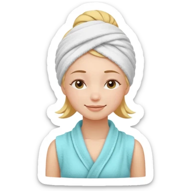 cute girl with her eyes closed and smiling, wearing a spa towel as her clothes in she has a spa towel on her head with no visible hair sticker