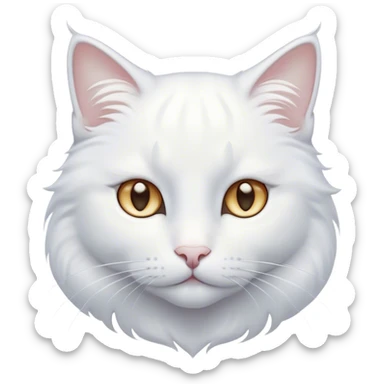 Cinematic Noble White Cat Portrait Emoji, Poised and stately, with a pristine, snow-white fur accented by delicate hints of silver, refined whiskers and a serene, focused gaze, simplified yet impeccably detailed, glowing with an ethereal radiance and timeless elegance, high shine, exuding calm intelligence and regal simplicity, soft glowing outline, capturing the essence of a noble white cat that radiates quiet majesty! sticker