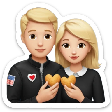 Couple with blonde hair wearing black eating chick filet hearts and outer space in the background  sticker