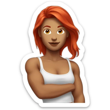 fit woman shows bicep with red hair sticker