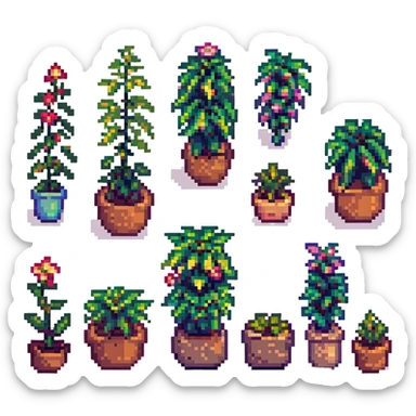 a row of four coquette pink pixel art plants, each plant with a cute and flirty expression sticker