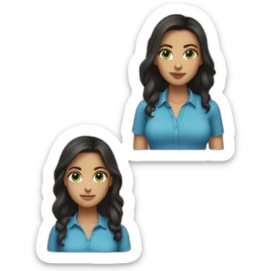 tall girl with dark long hair, green eyes, blue shirt sticker