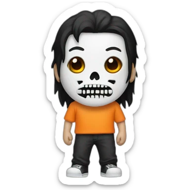 White Boy with black hair and skeleton mask and orange t shirt sticker