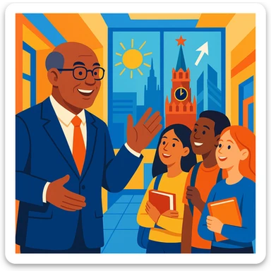 An inspiring college director engaging with students in a bright college hall, smiling and gesturing, with symbols of Moscow in the background, conveying a sense of future and inspiration. sticker