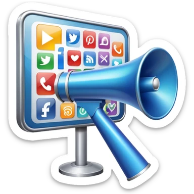 An icon featuring a megaphone, a billboard, and social media icons, symbolizing advertising and public relations. The design includes a press release and a rising graph, representing brand promotion and communication strategies. Transparent background highlights media influence and outreach. sticker