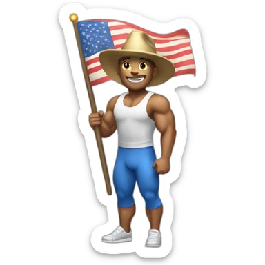 Create a full-body emoji of a muscular man, wearing a New Year's hat and holding a flag. sticker