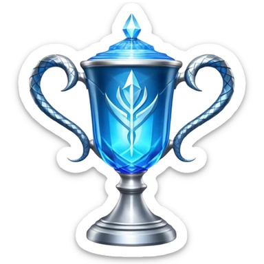 exact movie-accurate Triwizard Cup from Harry Potter, wide chalice with angular facets, two distinct silver snake handles curving upward, bright blue glow inside sticker