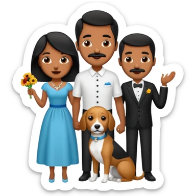 Pareja de novios, pelo negro ambos, y con dos perritos pincher en brazos, el hombre sin bigote y la mujer con pelo largo sticker