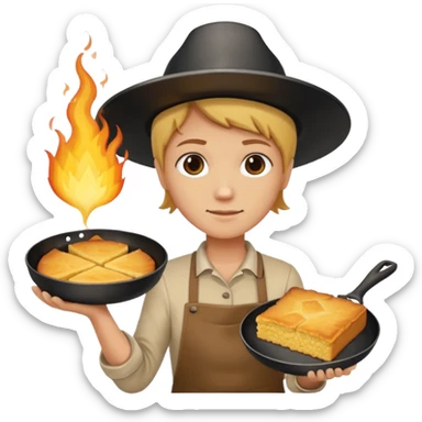 skillet with cornbread and hand on fire sticker