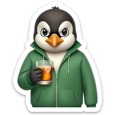 head and shoulders portrait of a friendly anthropomorphised penguin wearing a green mafia-style tracksuit, angry intense brooding expression, holding a glass of whiskey sticker