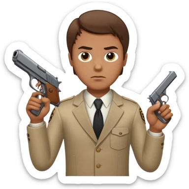 White guy with brown hair holding a hand gun like a cop would sticker
