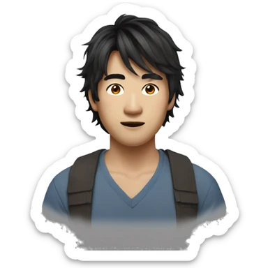 asian man, Medium-length layered, hairstyle with side-swept bangs, Messy, textured hair with natural volume sticker