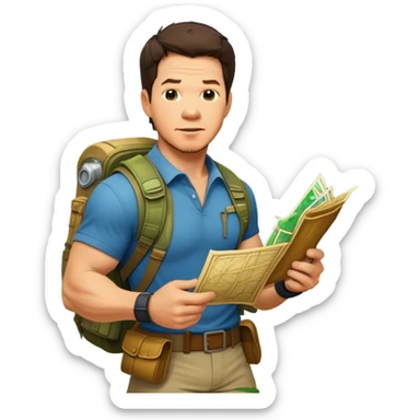 Icon for Adventure Movie: Mark Wahlberg in a jungle setting, holding a treasure map and surrounded by adventure gear. Behind him, ancient ruins rise through the dense foliage. Exciting, action-packed atmosphere with vivid jungle details. Transparent background. sticker