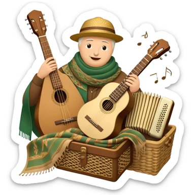 Create a warm and rustic emoji representing folk singing, using a humanless collage. The design should feature traditional folk instruments such as a balalaika, domra, or accordion, arranged around a vintage microphone to evoke a sense of community and storytelling. Include elements like a woven basket, traditional scarves, or musical notes to symbolize the connection to nature and heritage. Use earthy tones like brown, green, and gold, with subtle accents to emphasize the folk style. The background should be transparent. sticker