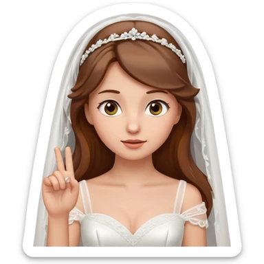brown-haired bride in a white wedding dress and veil, curious expression, pointing to her head with her index finger, cute emoji style. sticker