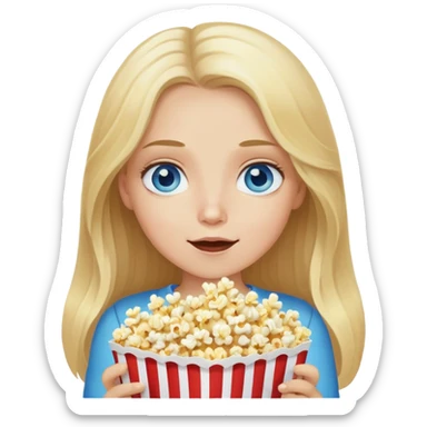 Caucasian girl with long blond hair, blue eyes eating popcorn sticker