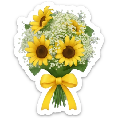 Bouquet of babies breath and sunflowers with a yellow bow wrapped around it sticker