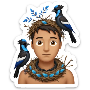 A man who has a magpie birds nest on top of his head for hair sticker