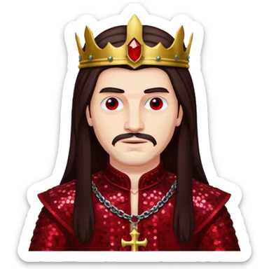 Vlad Tepes with long dark brown hair, dark red sequin outfit sticker