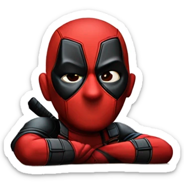 Cute Deadpool sitting at a desk, front view sticker