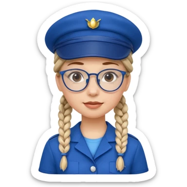 blue uniform wearing scout kid with braids and glassess with blue hat sticker