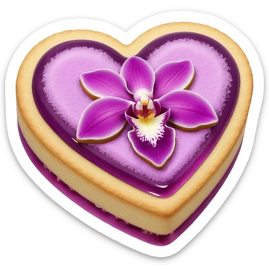 Realistic shortbread cookie in the shape of a heart with orchid color jelly middle filling and sprinkled powder sugar on top. sticker